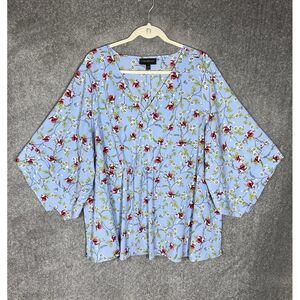 Lane Bryant Top Womens Size 22/24 Blue Floral Cinched Waist V-Neck Flared Sleeve